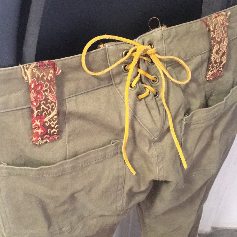 Army Green Bell Bottoms with Embroidered Details